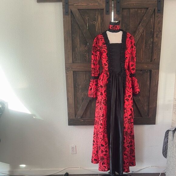 Victorian Dress Red Bow Floral Print Square Neckline Long Sleeves Matte - Picture 4 of 16